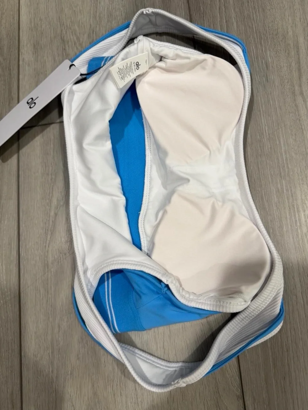 ALO Yoga Women’s Airbrush Better Together Bra in Azure Blue with White Trim